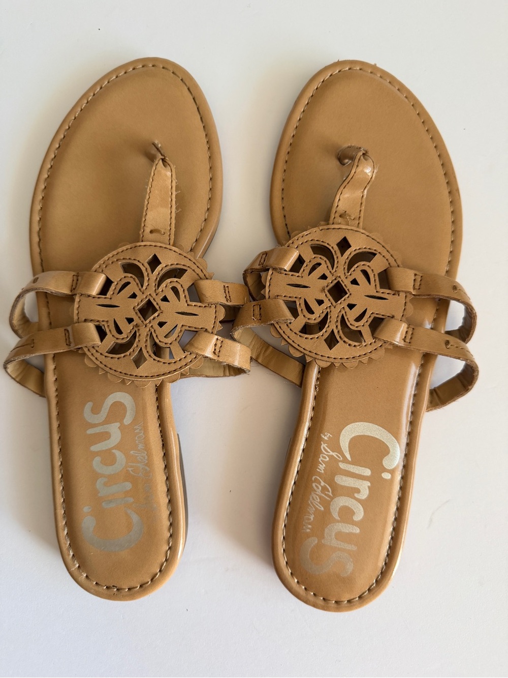 Circus by Sam Edelman Cognac Tan Leather Cutout Medallion Sandals